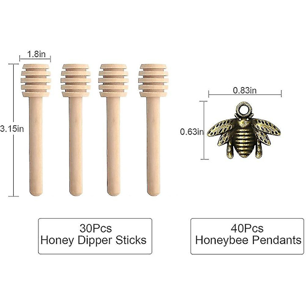 Honningdipper 30 stk. Honningdipper med bi-vedhæng, 8 cm mini træ honningpind