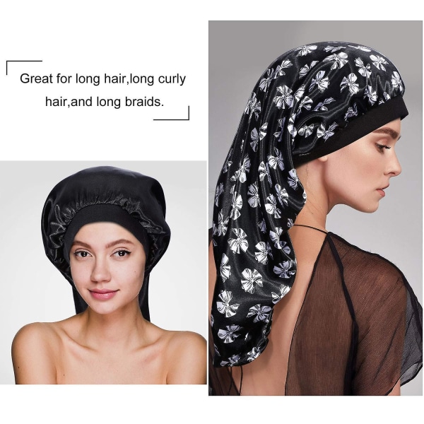 3-pack Lång Satin Bonnet Sovhuva, Mjuk Elastisk Band Lös Huva Bonnets För Långt Hår, Flätor