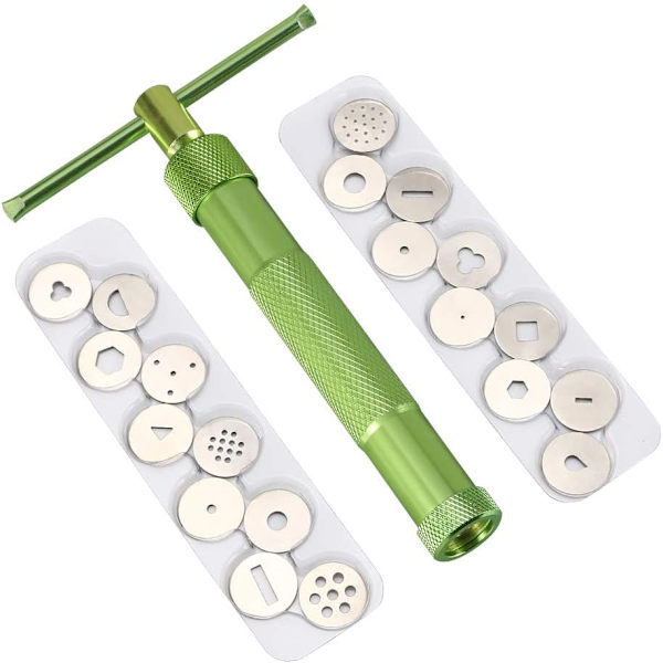 Fondant Ekstruder, Rustfritt Stål Sukkerpasta Ekstruder Craft Pistol med 20 Utskiftbare Disker for Sukkerhåndverk Kake og Leire Dekorering Verktøy(Grønn)