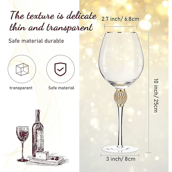 2 Styk Rhinestone Rødvin Glas Med Kant Tulipan Formet Diamant Vin Glas Lange Stilk Glasvarer Til Bryllup, Fester, Jubilæum (Guld)