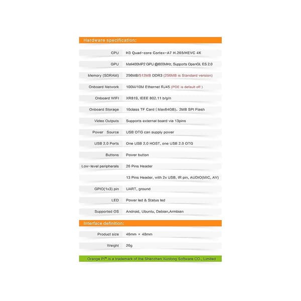 Orange Pi Zero 512mb H3 -kjerne, åpen kildekode Single Board Computer, Kjør Android 4.4, Debian