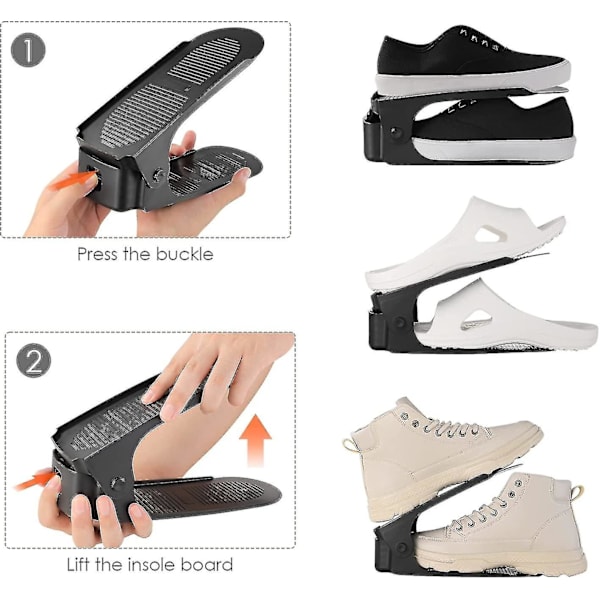 10-sæt Sko Stabler, 6,5 cm/10 cm/15 cm Skostativ, Pp Materiale Sko Organizer, Justerbar Pladsbesparende, Dobbeltlags Sko Stabel, Skridsikker (sort, 10)