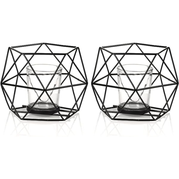 2 Pcs Black Geometric Tealight Candle Holders with Glass Votive Cups, Wedding Reception Decor for Table Centerpiece, Metal Iron Wire Tea Light Candles