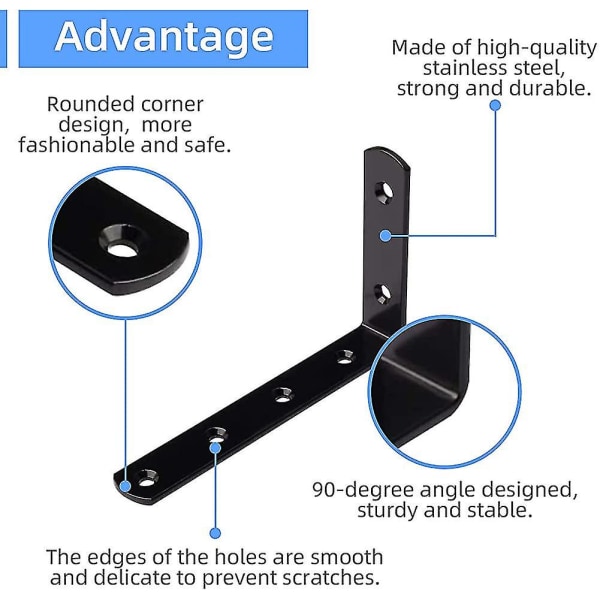 8 stk. sorte hyldebeslag, vægmonterede L-beslag, metalhyldebeslag, tunge