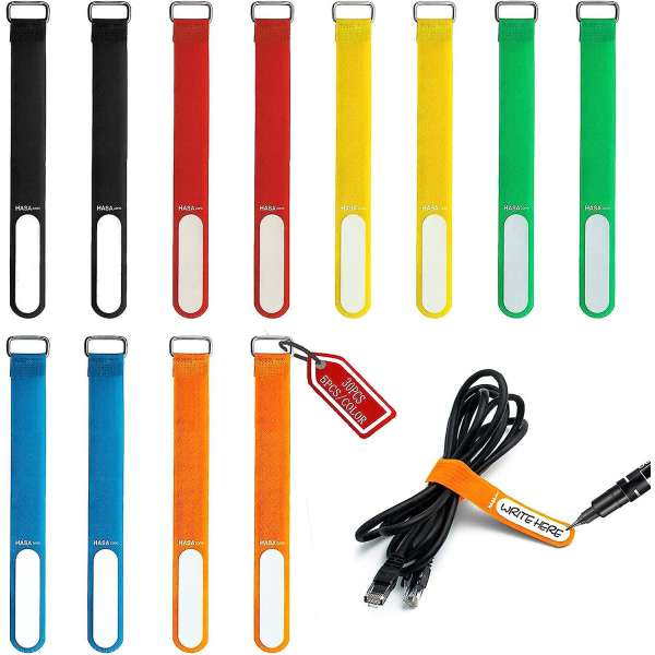 30 stk fargede buntebånd Gjenbrukbare med skrivbar etikett og rustfri stålspenne, Gjenbrukbare buntebånd Borrelås-kabelstropper med Ca