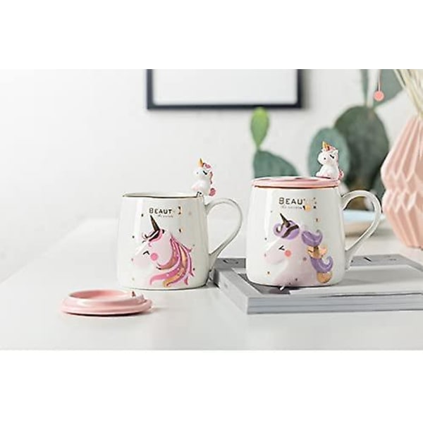Enhjørning Krus Med Ske Spåner Låg Barn Tegneserie Mlik Krus Nordisk Stil Keramik Kaffe Kop Te Kop Gave Kontor Hjem (Enhjørning Pink Måne, 380 Ml)