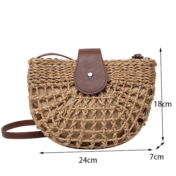Yogodlns - Halvmåneformet halmveske for kvinner, håndlaget rottingveske, strandveske Khaki-1 24x7x18cm