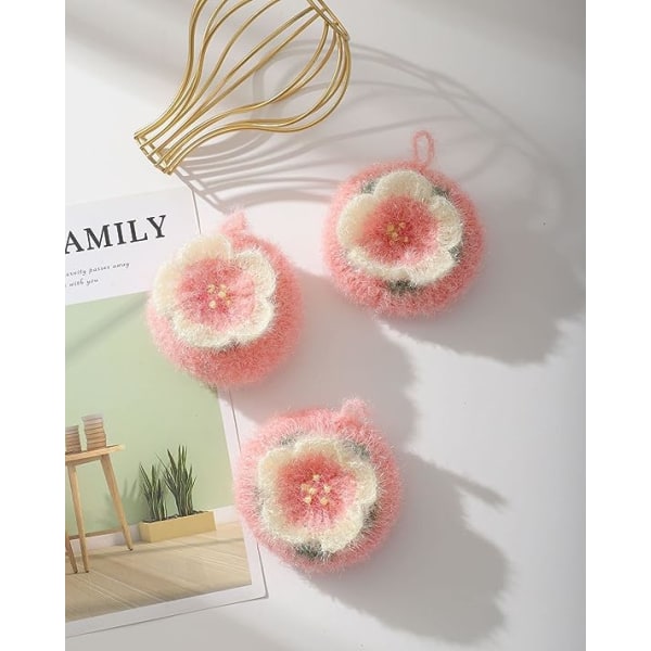 Kirsebærblomstformet akryloppvaskvasker, blomsterformet håndheklet oppvasksvamp uten riper, rosa sakuraformet kjøkkensvamp oppvask