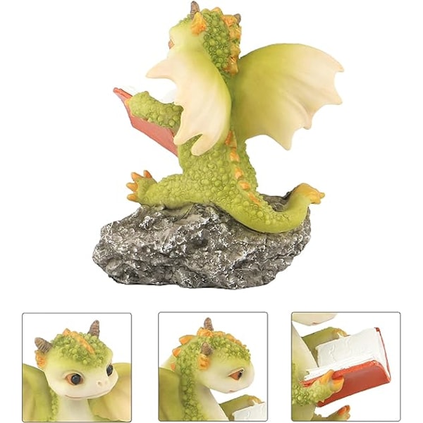 Drakenstaty Mini Drakenfigur, Resin Heminredning, Söta Prydnadsföremål, Lyckodjur Trädgårdsstaty för Mikrolandskap (Draken Läser På En Sten)