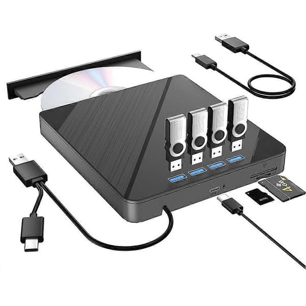 7 i 1 eksternt CD/DVD-drev til bærbar computer, USB 3.0 CD/DVD-drev Black