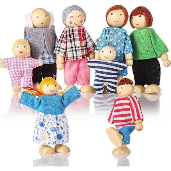 Trädockhusfigurer 8 stycken, dockfamiljset för flickor småbarn dockhustillbehör leksaker