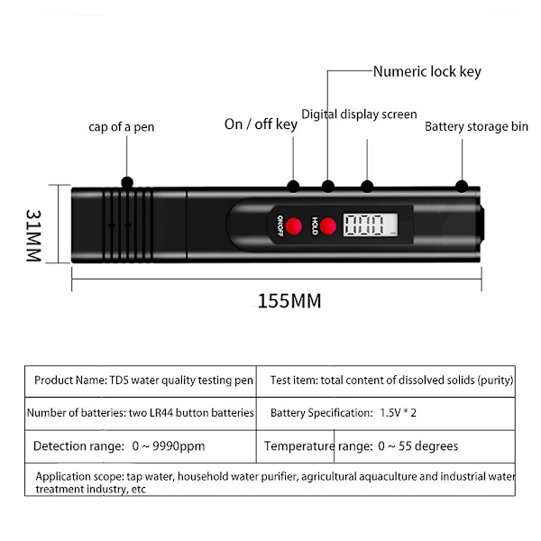 Højpræcisions vandhårdhedsinstrument Tds-tester Ph-meter Akvarium Pool Vandkvalitetstest Pe