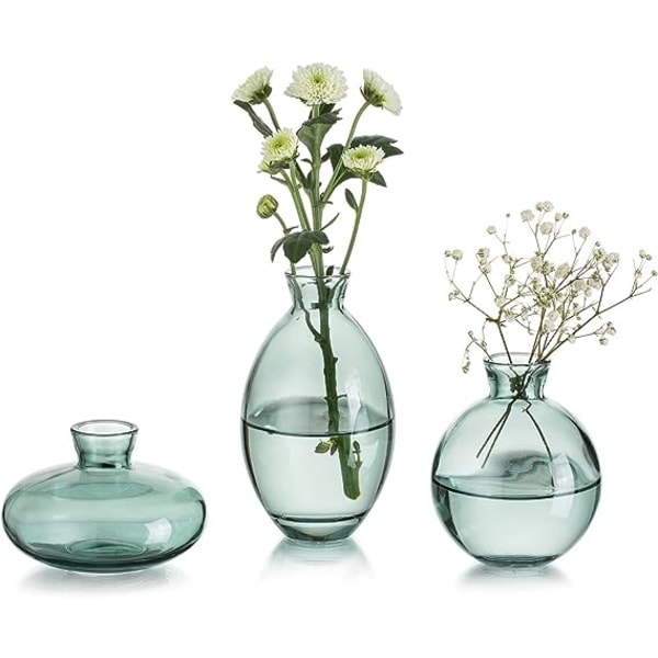 Grøn glasknop vase, 3 stk/sæt moderne dekorative små miniblomstervaser Korte minimalistiske æstetiske boligindretninger Vintage sød håndlavet lille bryllupsfane