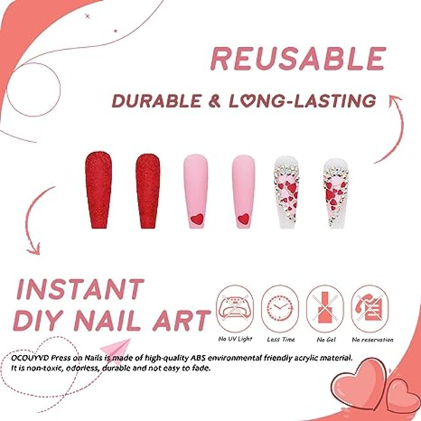Valentines Press on Nails Long Coffin Nails Röd Rosa Hjärta Full Cover Falska Naglar med Rhinestones Akryl Naglar Matt Artificiella Naglar Valentines Stic