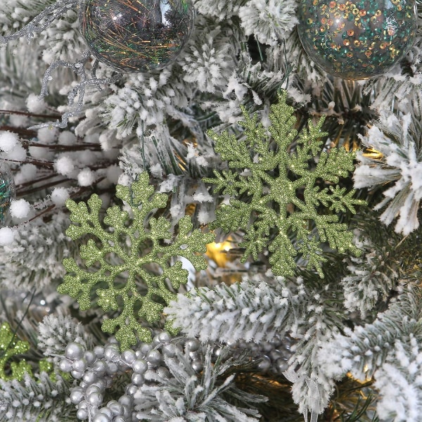 Plast julglitter snöflinga prydnader julgransdekorationer, 4-tum, set med 36, lime