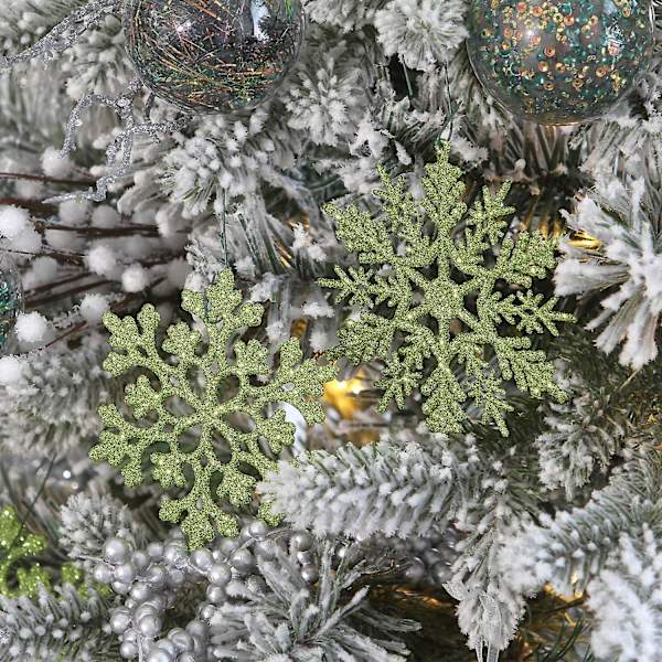 Plastjulkulor med glitter i snöflingform, julgransdekorationer, 10 cm, set om 36, lime