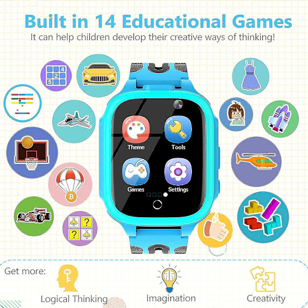 Barn Smart Klockor För Flickor Pojkar, Barn Smartwatch Med Samtal 14 Spel Dubbla Kameror Alarm Musikspelare Flashlig