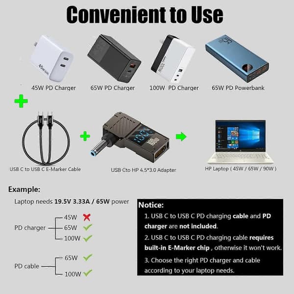 Til HP bærbar PD 100W opladningsadapter Type-C til DC 4.5x3.0mm Digital Display Zinklegering Konverter