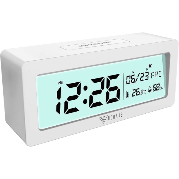 Digitalt vækkeur med termometer og fugtighedsmonitor - baggrundslys, snooze, batteridrevet (hvid)