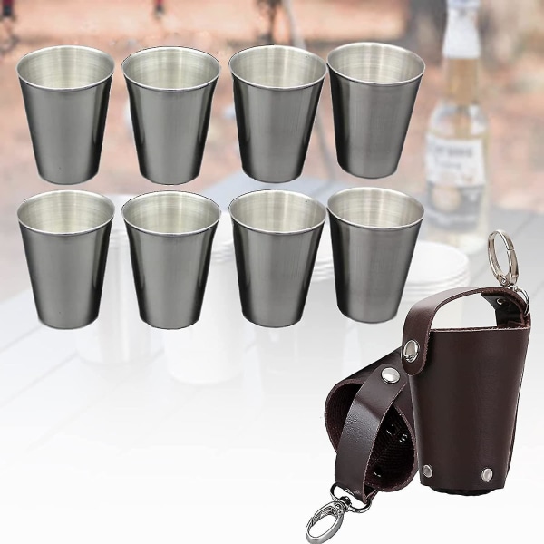 Jinxiu rustfritt stål shotglass, bærbare camping shotglass med 2 lærveske, metall reisevinglass stilker for par