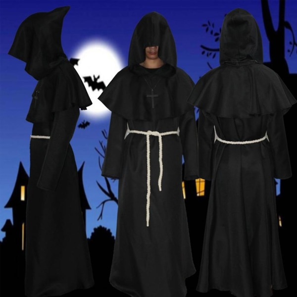Keskiaikainen Pappi Munkki Kaapu Huppu Halloween Cosplay Puku Viitta Noita Noiturille - Koko Xl (musta)