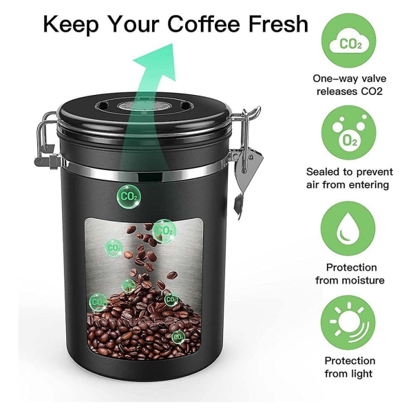 Kaffebeholder Lufttæt 500g Bønner, 1,8l Bønnebeholder, Vakuum Kaffeboks Med Ske Opbevaringskrukke Til Kaffe