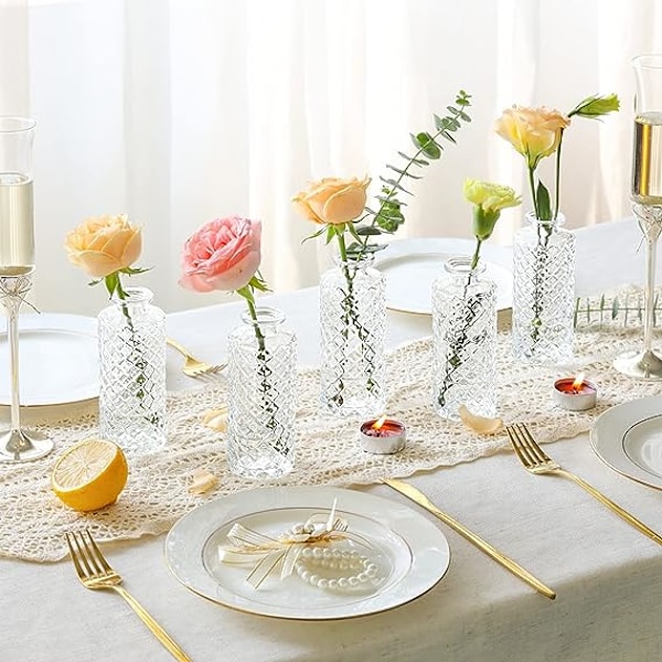 Set med 6 glasvaser, små diamantvaser i bulk, minivaser för blommor till mittpunkter, vintageflaska för bordsdekorationer, bröllopsdekor, R