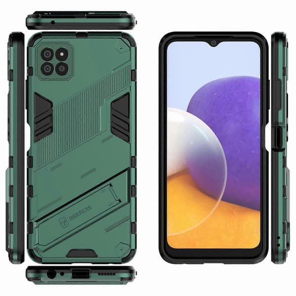 Vikbart stödställ PC + TPU Hybrid Telefonfodral Baksida för Samsung Galaxy A22 5G (EU-version) - Grå Green