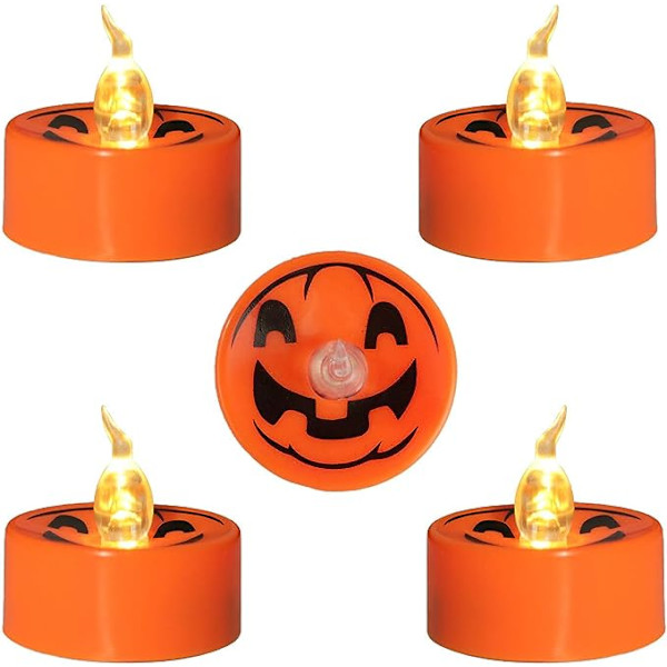 Halloween 12 stk Orange LED Teelys Gresskar Smilende Ansikt Trykk Varmt Hvit Flimrende Batteridrevet Flammeløse Lys for Hjemmedekor Jul