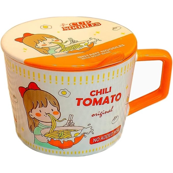 Ramen skål med låg, Instant Noodle krus, Keramisk stor suppe skål med håndtag, sød Ramen skål, Ramen Lovers Gift. (Orange)