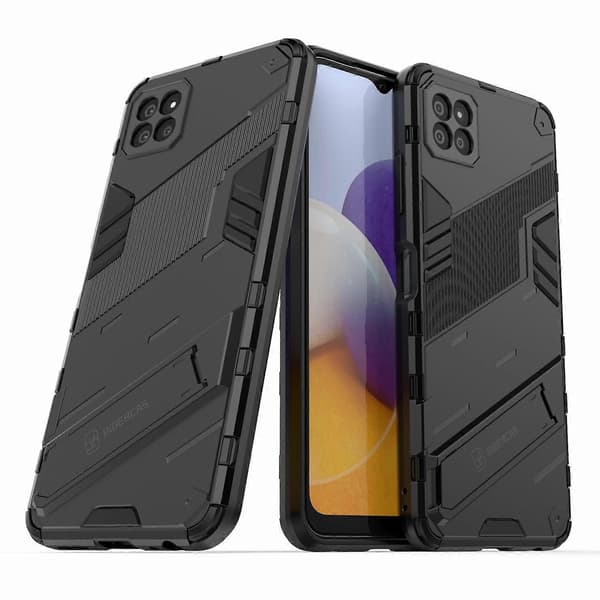 Vikbart stödställ PC + TPU Hybrid Telefonfodral Baksida för Samsung Galaxy A22 5G (EU-version) - Blå Black