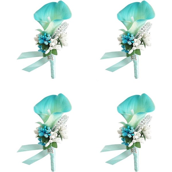 Calla Lily Blå Boutonniere Sett med 4 Håndlagde Silkeblomster med Bånd Corsage for Brud Brudgom Bryllupsfest