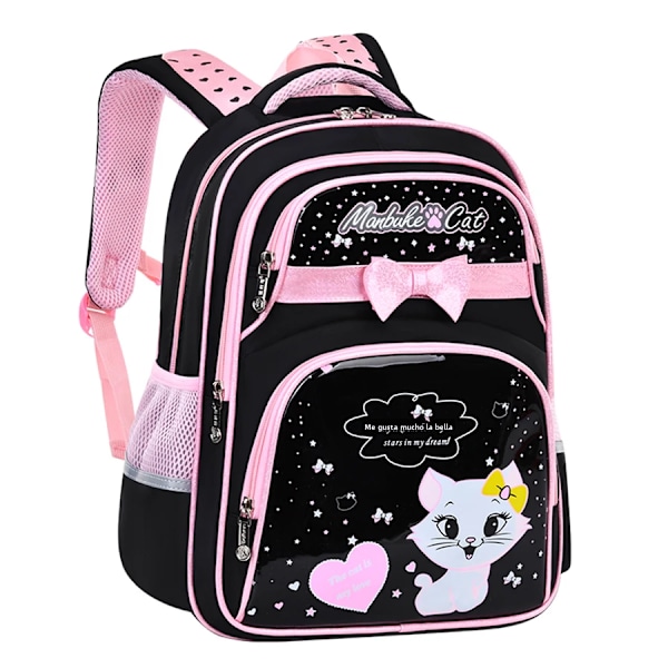 Børns skuldertaske til folkeskoleelever, rygsæk til piger i 1., 2., 3., 4., 5. og 6. klasse, 6-12 år Black and Pink Large