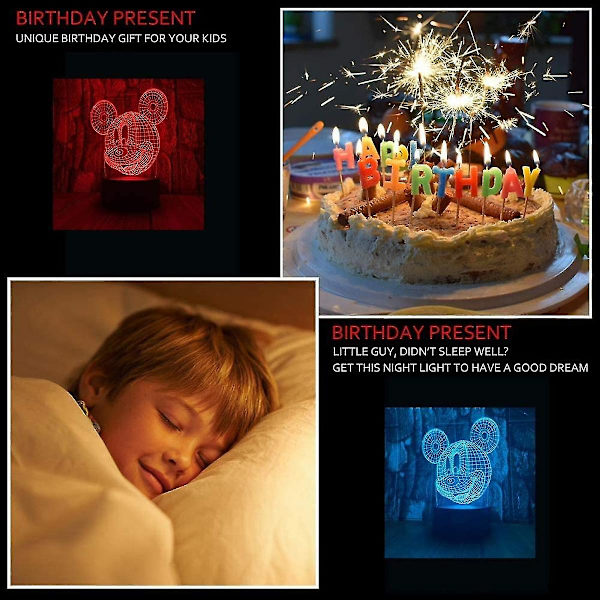 Söt Mickey Mouse huvud 3d LED optisk illusion akryl nattlampa med fjärrkontroll 7 färger ändra dimbar USB-driven sovrumsdekor