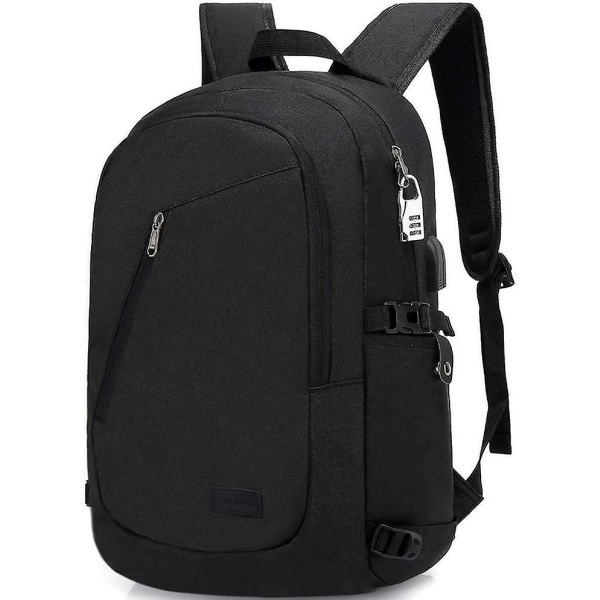 Tyverisikring bærbar rygsæk 15,6 tommer Oxford klud med usb-opladningsport Vandtæt stor skoletaske til drenge eller kvinder Sort
