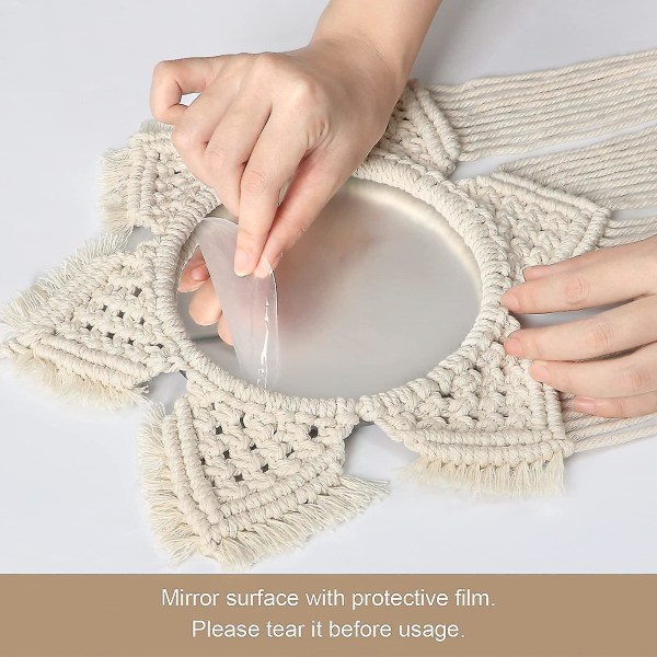 Macrame väggbonad - Boho dekorativ väggspegel med tofsar, handgjord vävd väggdekor