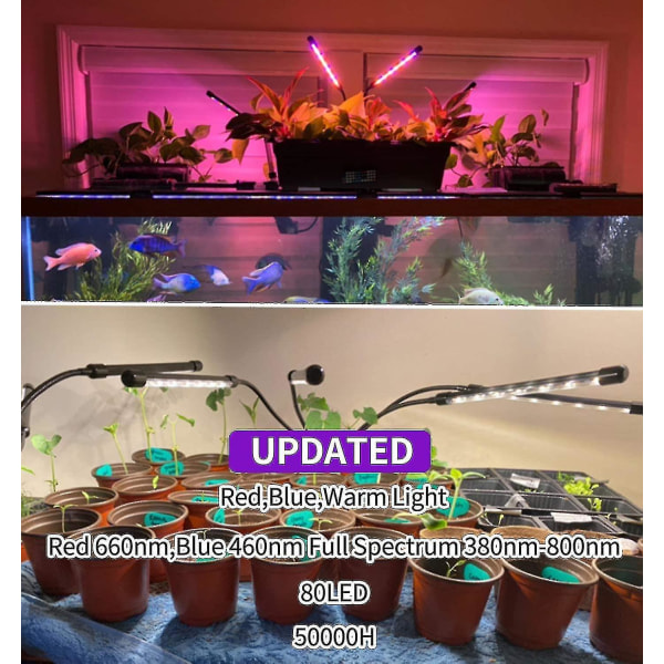Vækselys til indendørs planter - Opgraderet version 80 LED-lamper med fuldt spektrum og rødt blåt spektrum, 3/9/12h timer, 10 dæmpbare niveauer