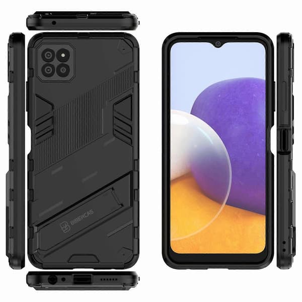 Vikbart stödställ PC + TPU Hybrid Telefonfodral Baksida för Samsung Galaxy A22 5G (EU-version) - Blå Black