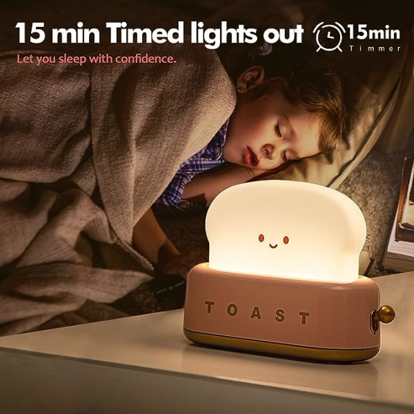 Söt bordsdekor brödrostlampa, Kawaii LED-toastbröd Nattlampa Uppladdningsbart och bärbart ljus med timer, julklappsidéer för baby