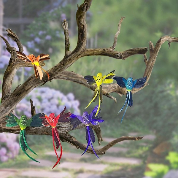 6x naturtro fjærkolibri Fuglefigurer Utsmykning Vakker modell Dekorative kunstige fugler For verandatrær Uteplass Hjem