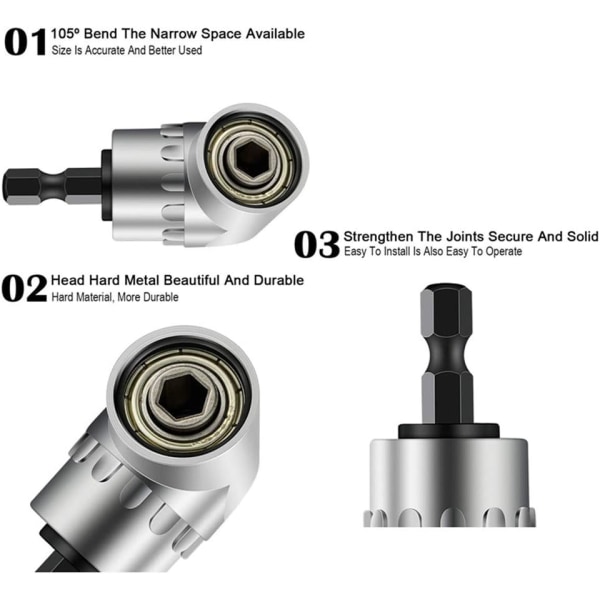 3 stk. 1/4\" 3/8\" 1/2\" Hex Sokkel Adapter Bor Bits Sæt, Impact Grade Sokkel Nøgle Adapter Forlængelsessæt, 105° Retvinklet Bor Bits Adapter Tilbehør 1/4