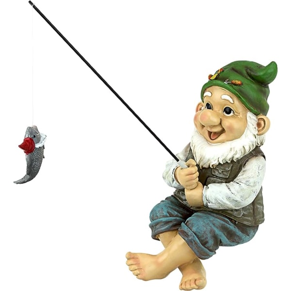QM2806500 Trädgårdstomtar Staty - Ziggy the Fishing Gnome Sitter - Utomhus Trädgårdstomtar - Roliga Gnome Statyer, Fullfärg