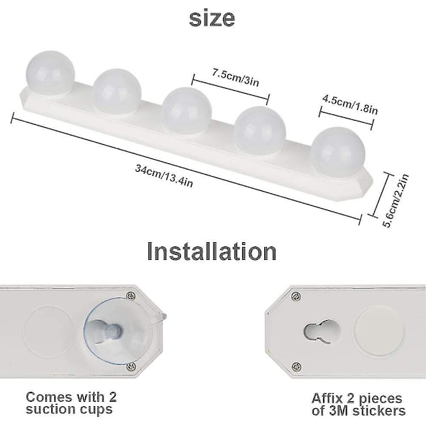 LED-speillampe - 5 LED-pærer - Hollywood-stil - Sminkelampe - Dimbar - USB