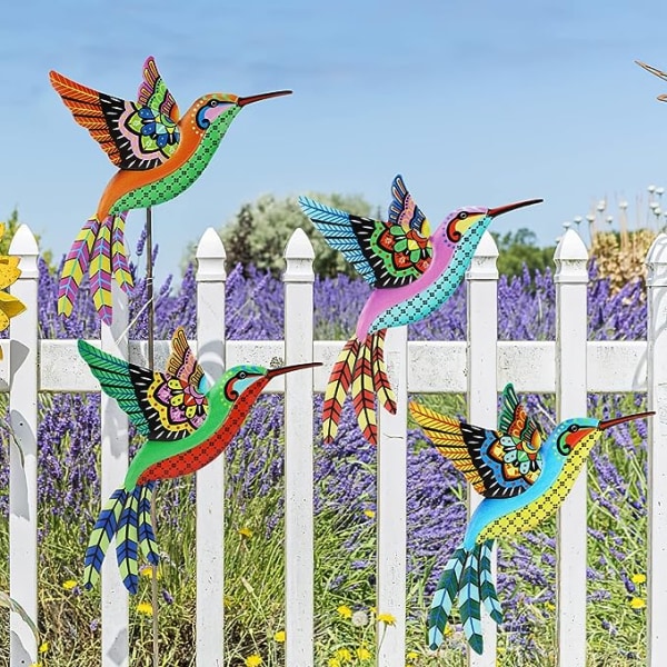 4-pack metall Hummingbird väggdekor, 10 tums färgglada metallfåglar utomhus väggskulptur dekor hängande 3D metall handgjorda fåglar för inomhus utomhus Hom