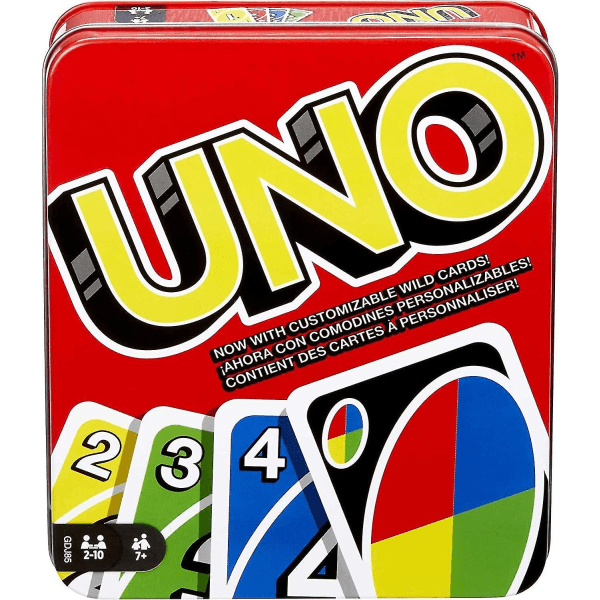 Vacker gåva, Uno-familjekortspel, med 112 kort i en robust förvaringsburk, resevänlig, en fantastisk present till 7-åringar och uppåt