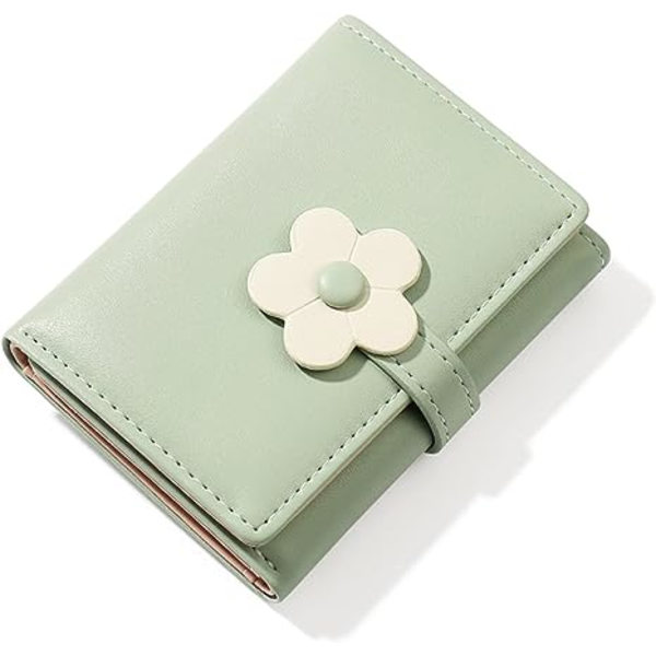 Kvinner Jenter Lommebok Søt Blomst Tri-Fold Lommebok PU Lær Veske Slank Kort Lommebok Liten Trifold Kontanter Kort Holder Veske (Z-Grønn)