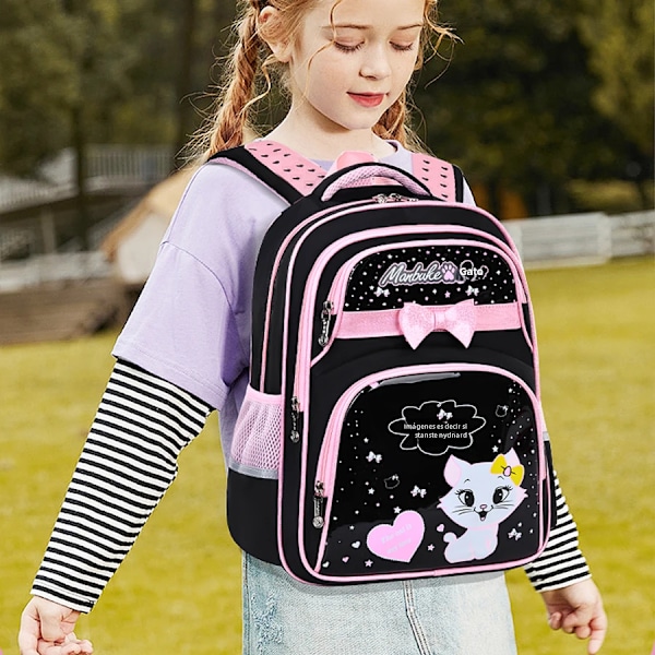 Børns skuldertaske til folkeskoleelever, rygsæk til piger i 1., 2., 3., 4., 5. og 6. klasse, 6-12 år Black and Pink Large