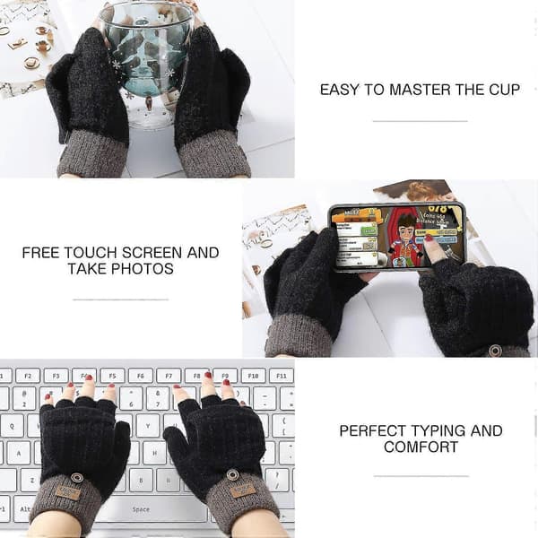 Vinter touchscreen handsker til damer, strikkede fingerbeskyttere, varme vinterhandsker (sort)