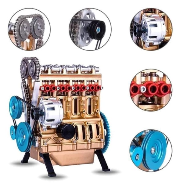 Mini Motor Model Bordmotor Legetøj, 4-cylindret Række Motor Model Byggesæt (guld)