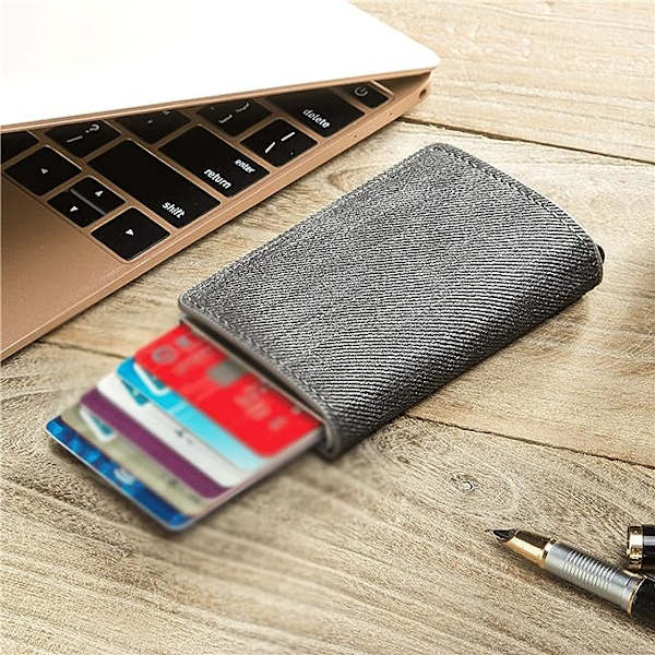 Pengklipp Mini Slim Anti-Stöld Koppling Enstaka Låda Män Kvinnor Plånbok Blockering Korthållare Denim Business Pop-up Metall ID-fodral (Färg: Gul)
